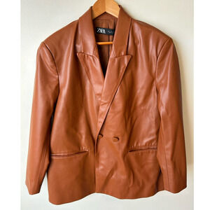 Zara Faux-Leather Blazer Jacket Double Breasted Oversized Fit Saddle‎ Size Large